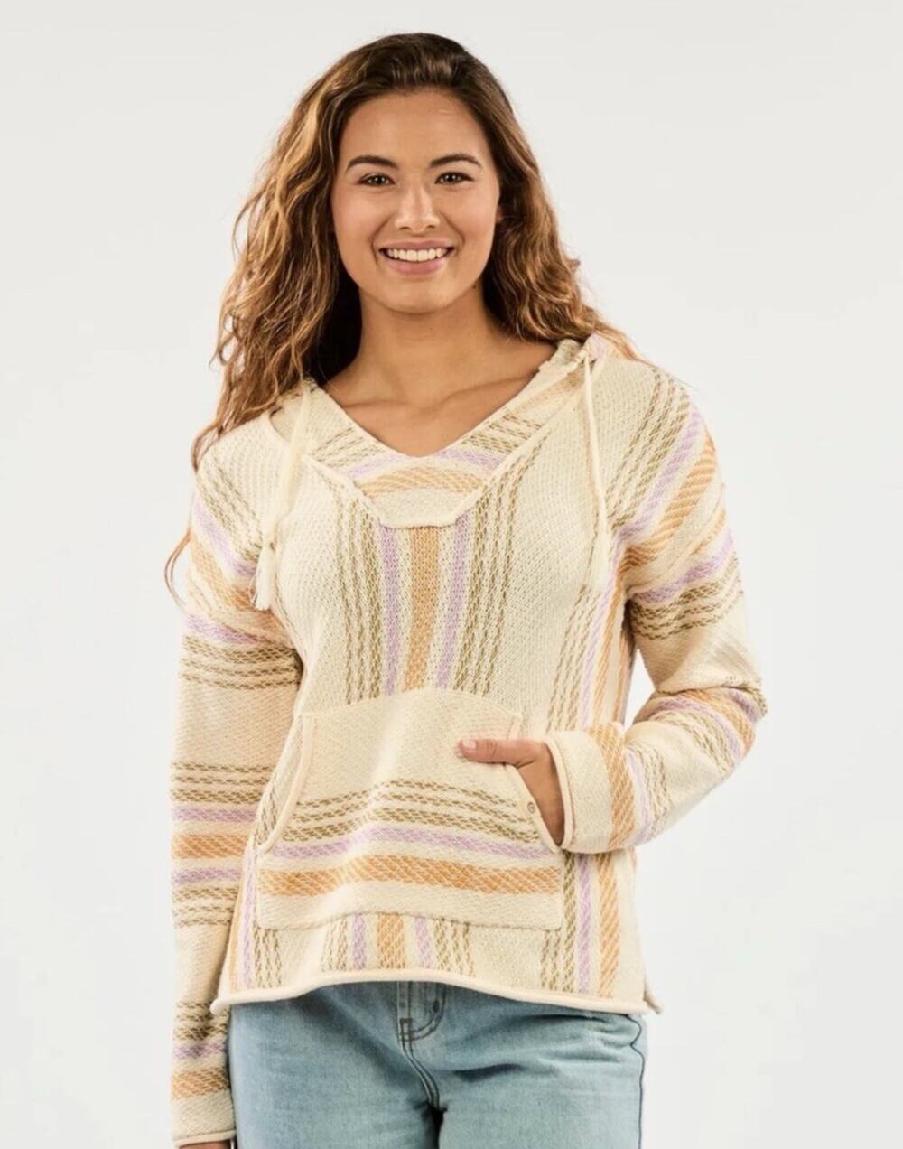 Rip Curl Womens Glider Poncho Hoodie Sz Small Ivory Stripe Knit Boho Surfer
